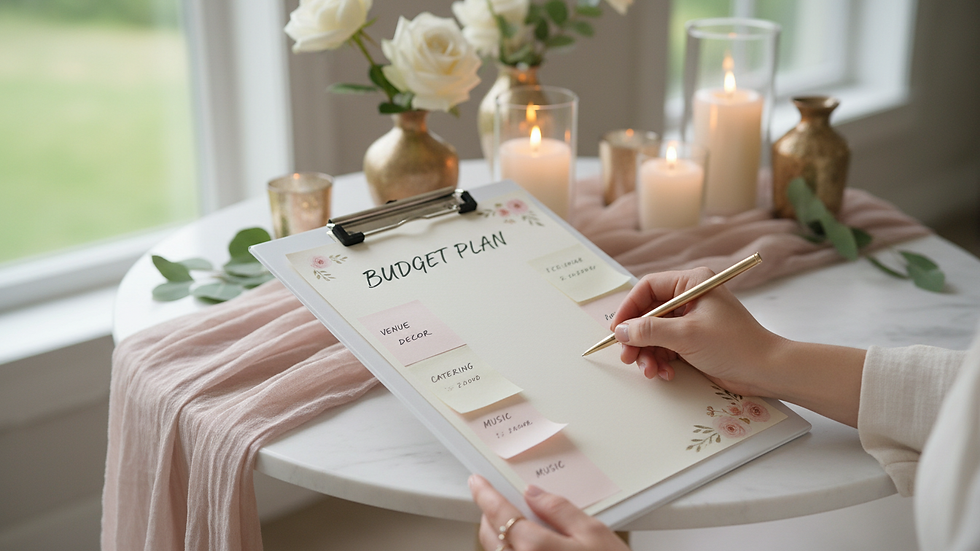 Close-up view of a planner’s hand writing a budget plan on a clipboard with colorful sticky notes