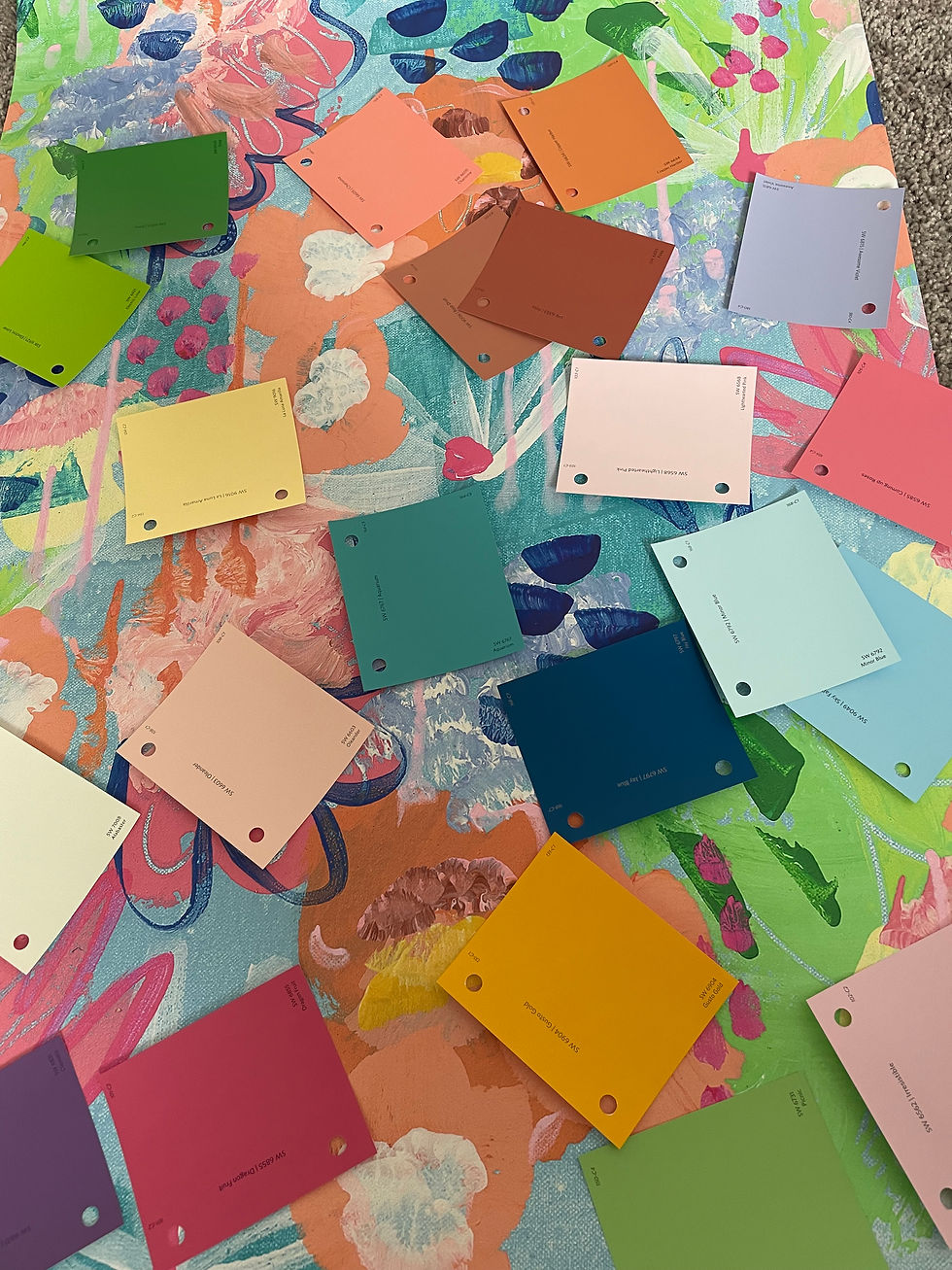 Sherwin Williams paint chips with coordinating wallpaper selection.