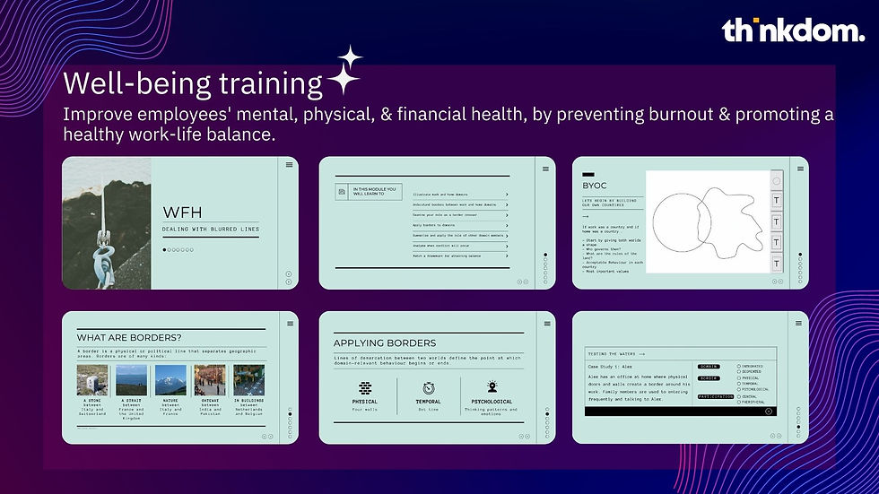 6 screens of Thinkdom's wellbeing training course on managing work-life balance in a WFH setup