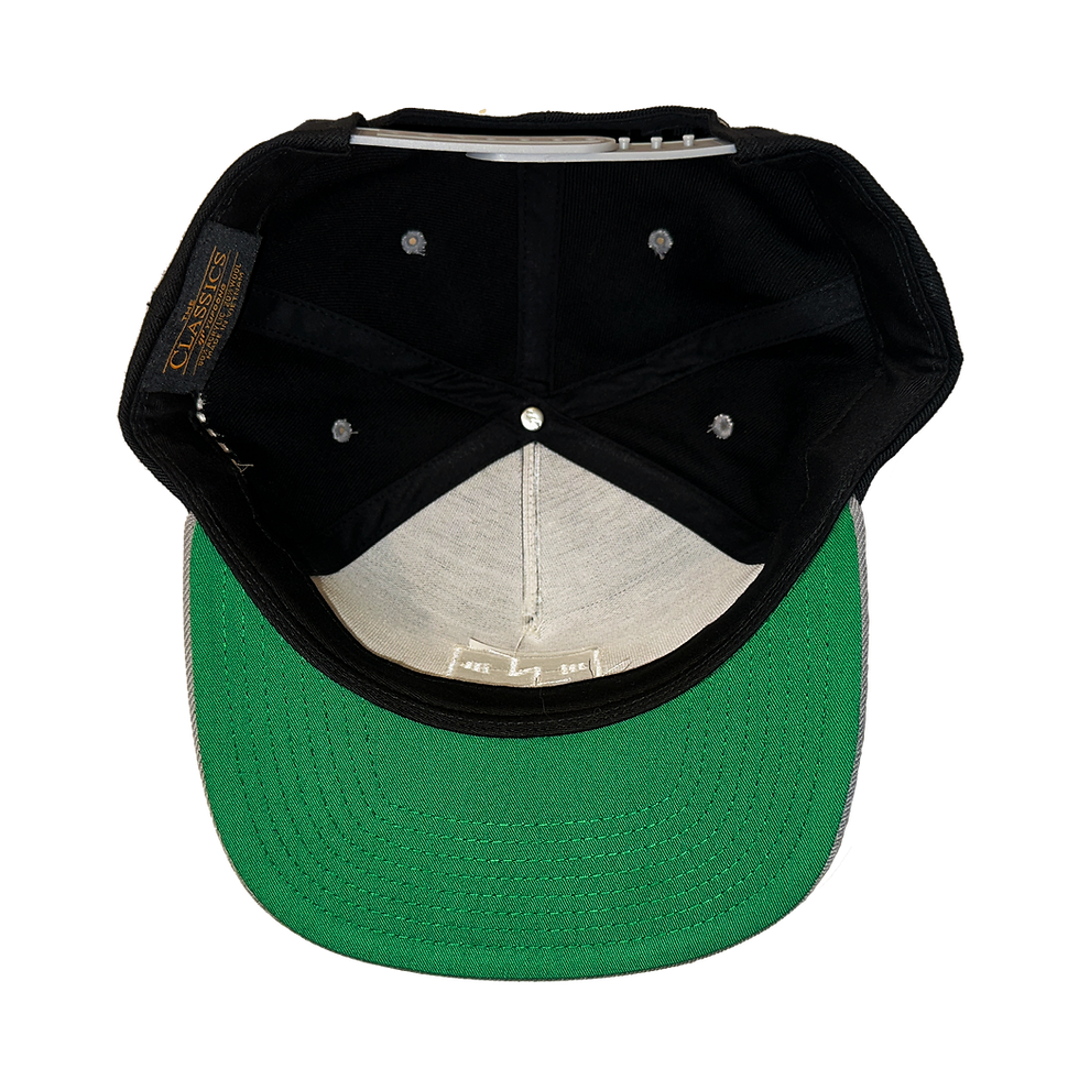 Thumbnail: inside profile black snapback hat embroidered white logo green brim