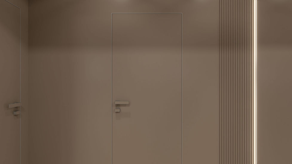Detail dekoratívnej hnedej steny s nepriamym LED podsvietením, návrh moderného bytu v Košiciach.