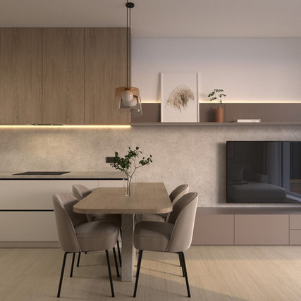 kuchynská linka s jedálenskými stoličkami v hnedom odtieni a tv stenou s nábytkom na mieru