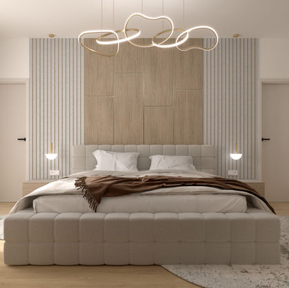 Návrh luxusnej spálne v bungalove vo Zvolene s čalúnenou manželskou posteľou, dizajn interiérov Košice.