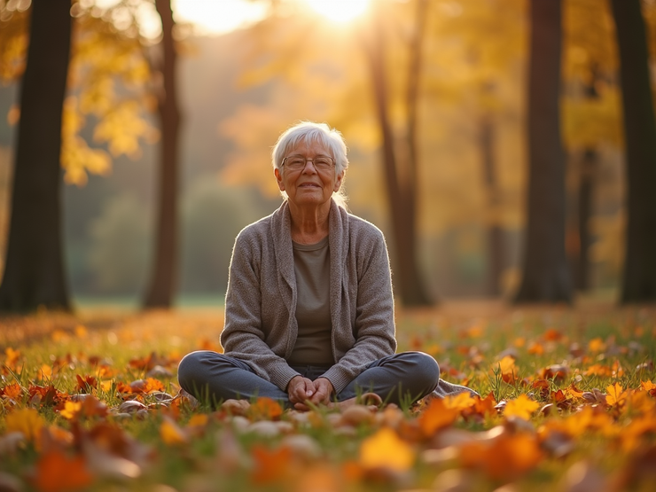 The image features empowered senior citizens practicing yoga in a calm, inclusive, and wellness-focused setting surrounded by warm autumn colors.