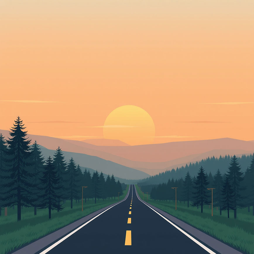 Pastel background image of a road running through treelined hills against an early sunset 