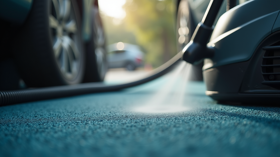 High angle view of steam cleaner machine on vehicle carpet
