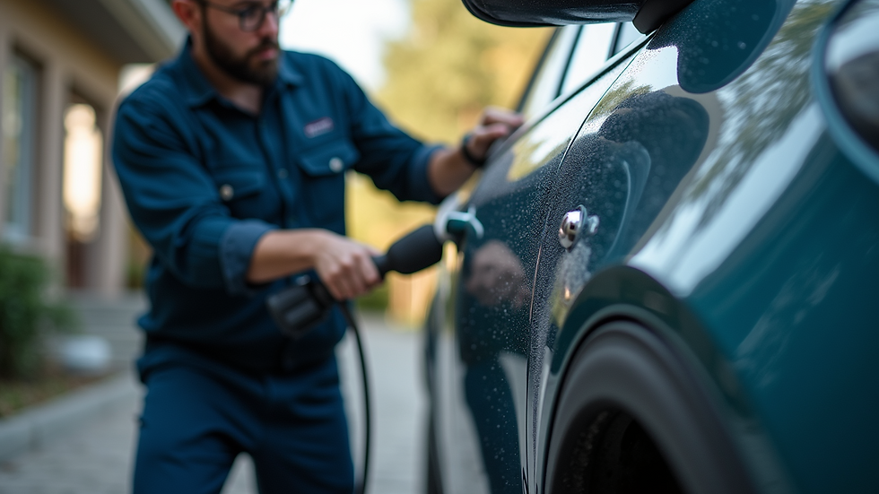 Close-up view of a technician polishing a car door at a customer’s driveway