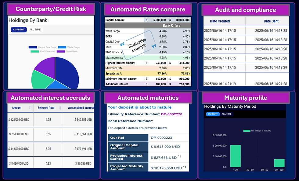 Cash management, risk and optimization dashboard highligting the margins from cash optimization