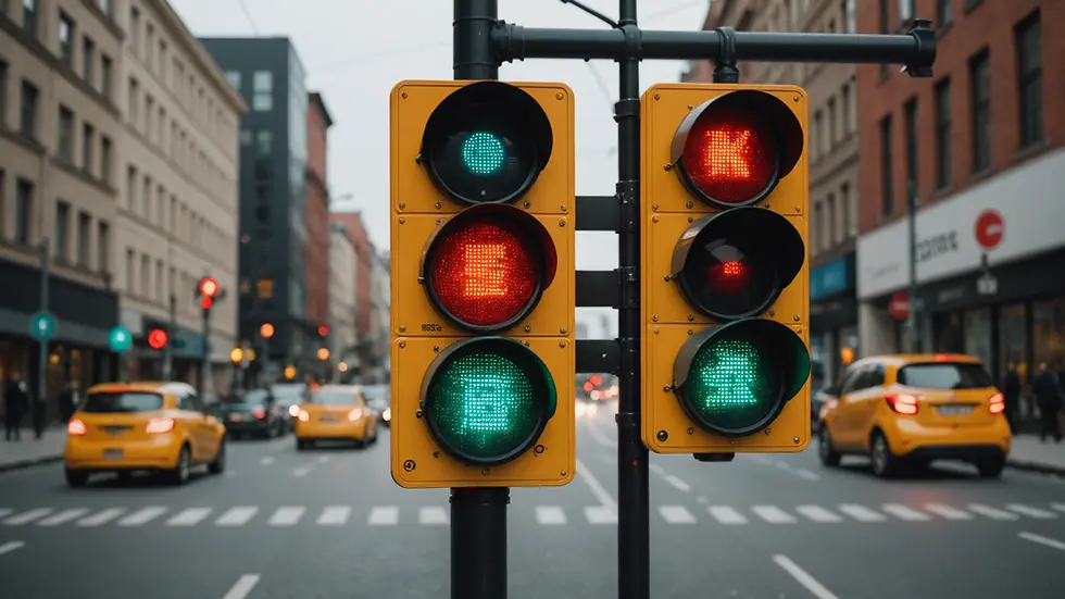 Close-up view of a smart traffic signal in an urban area