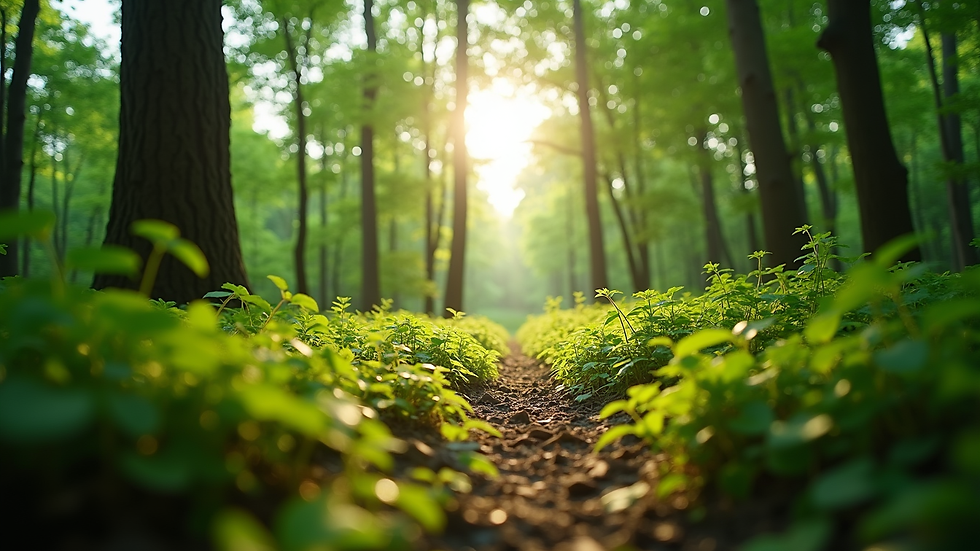 Eye-level view of a lush green forest with sunlight filtering through the leaves