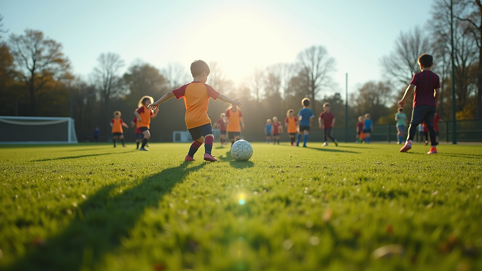 Eye-level view of a soccer field with young players practicing drills