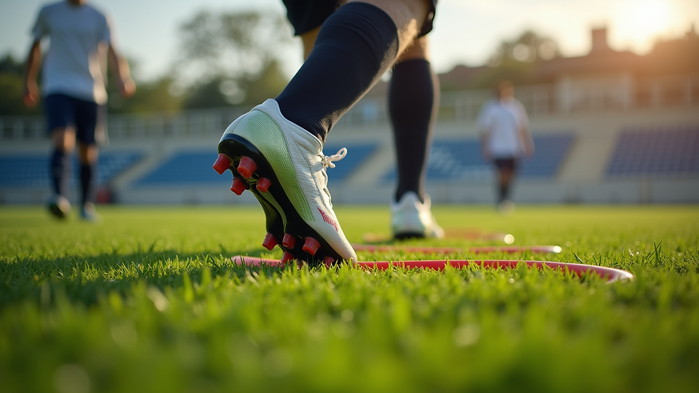 Close-up view of soccer cleats on grass during agility ladder drill