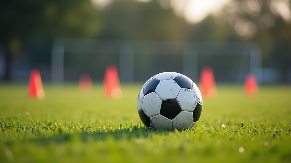 Close-up view of a soccer ball on green grass with training cones in the background