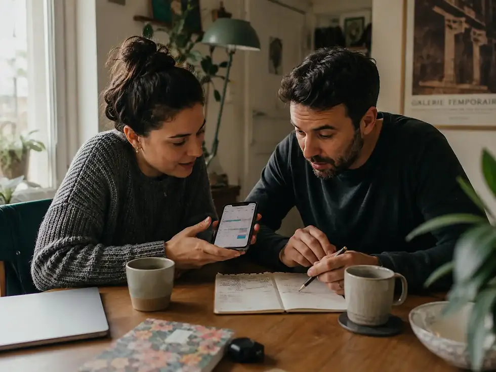 Couple sitting together and coordinating schedules and plans for their shared week.