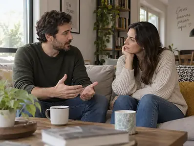 Pareja conversando con calma y escuchándose durante una conversación sobre un problema de la relación.