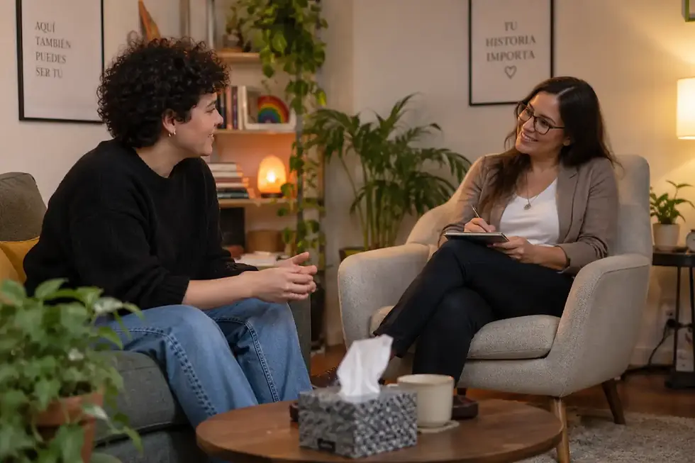 LGBTQ+ client speaking with an affirming therapist in a calm, welcoming therapy setting.