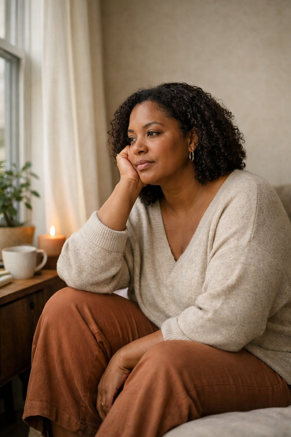 Adult woman with a thoughtful expression, hand on her chin, and flushed cheeks in a warm-toned editorial portrait.