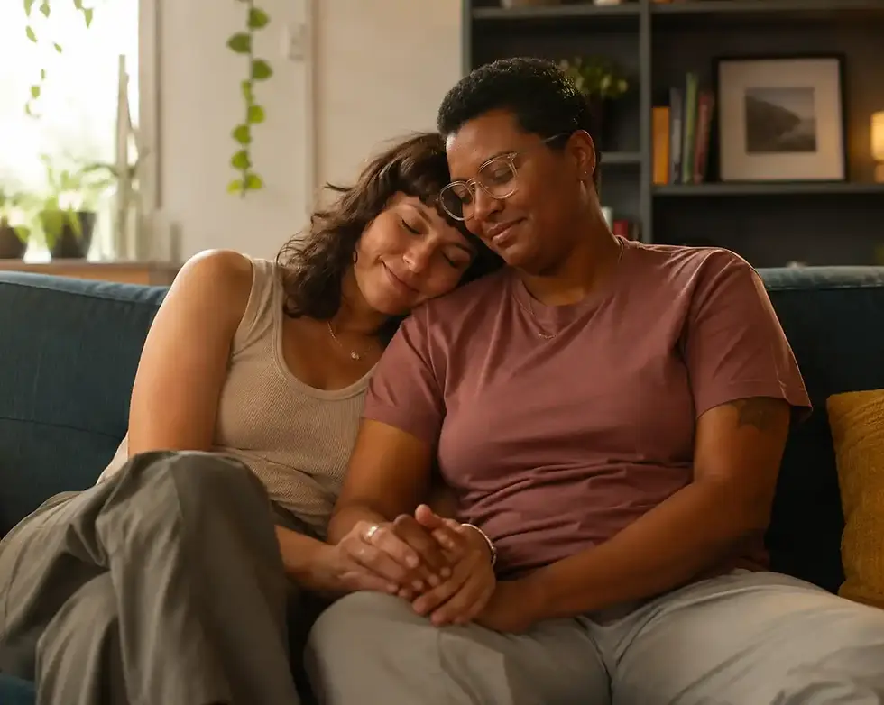 Adult couple sharing affectionate touch and emotional closeness in a private setting, representing sexual intimacy and connection beyond intercourse and penetration.