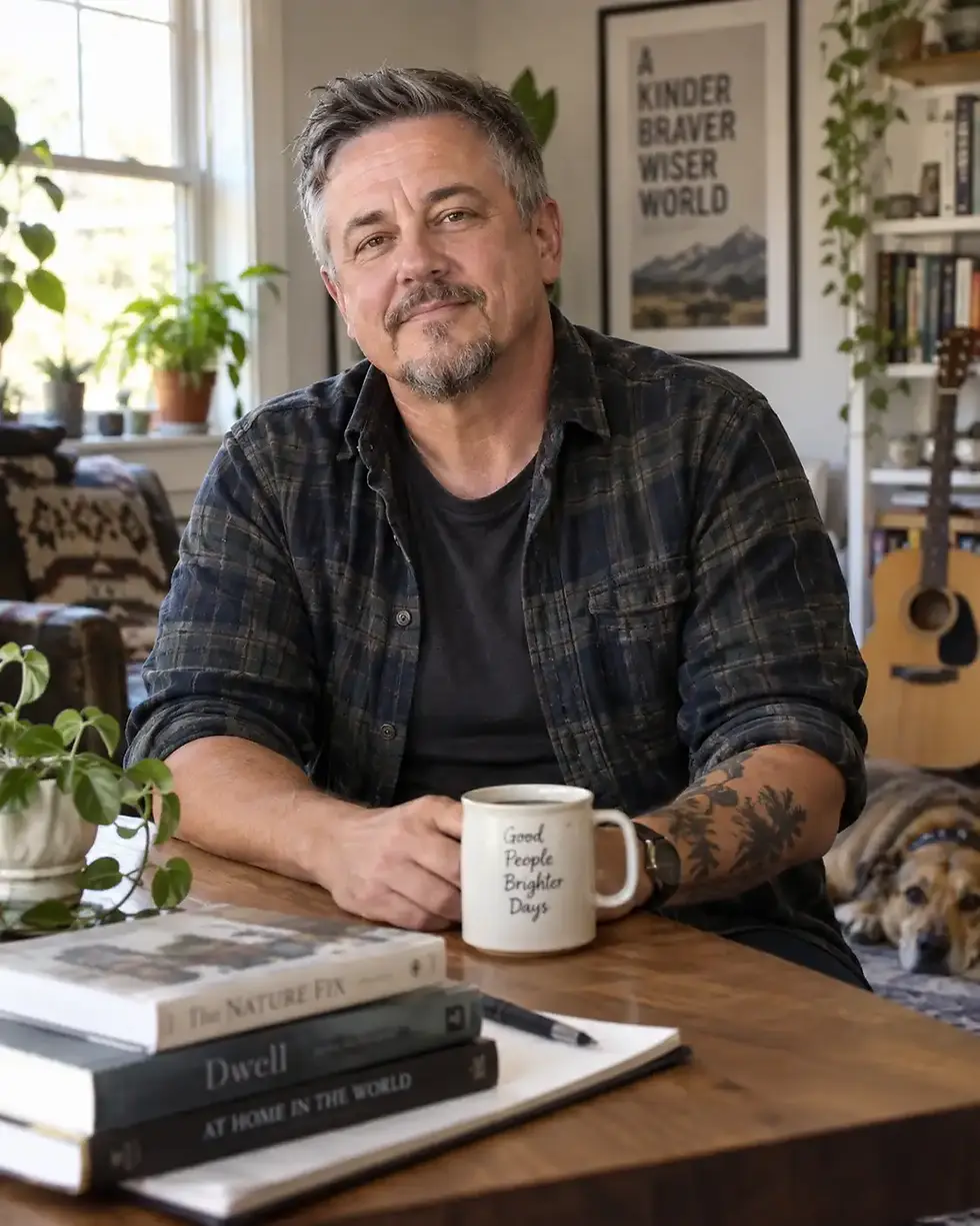 Trans man in his 50s in a relaxed everyday setting, representing gender identity discovery later in life.