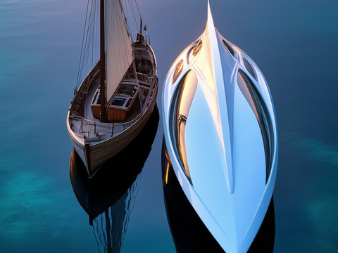 Deux bateaux sont côte à côte dans une baie paisible, baignée d’une lumière douce et chaleureuse. L’un des bateaux est ancien, au style classique, évoquant une époque révolue avec sa coque en bois patinée et ses voiles usées. L’autre est ultra moderne, aux lignes épurées et au design futuriste, fait de matériaux brillants et technologiques. L’eau est calme, reflétant les silhouettes des deux bateaux. L’ambiance est sereine, presque magique, avec une palette de couleurs dominée par des tons de bleu, de violet léger et de vert émeraude. Le ciel et la mer se fondent harmonieusement dans cette atmosphère tranquille.