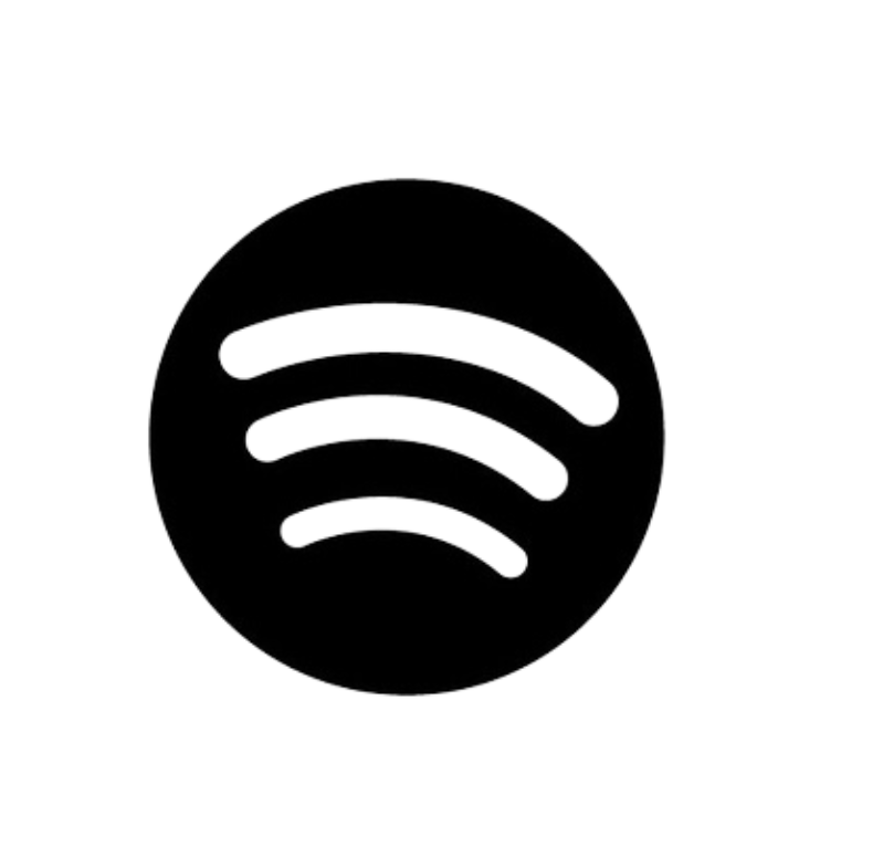 Spotify Logo in Schwarz-Weiß, das auf den Podcast verlinkt.