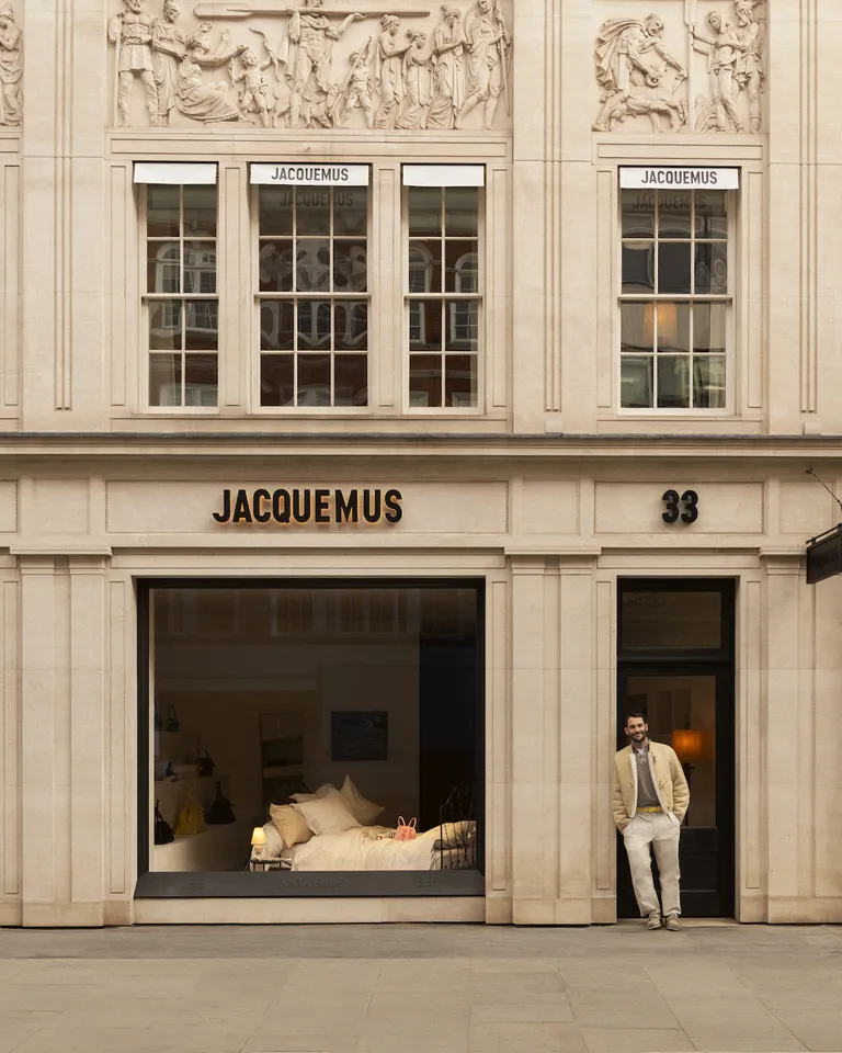 Jacquemus boutique façade at 33 New Bond Street in London, with a display window and sculpted reliefs.