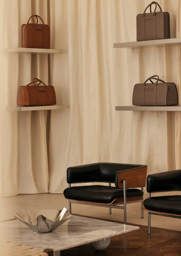 Carl Friedrik boutique in London, with beige curtains, leather bags and black armchairs.
