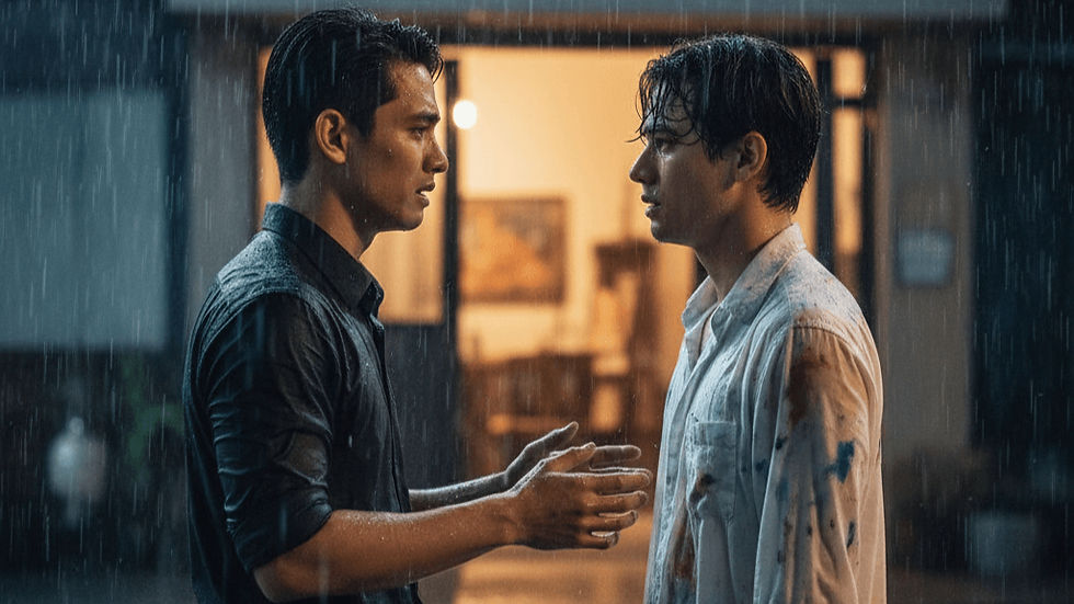 A rain-soaked nighttime street outside a quiet art studio in Manila, warm streetlights casting soft reflections on the wet pavement. Two young Filipino men stand facing each other under the rain. Kairo, 29, sharp features, office attire slightly soaked, eyes filled with regret and longing. Wynn, 27, soft and artistic vibe, messy hair, wearing a paint-stained white shirt, eyes shimmering with heartbreak but calm strength. Their faces are inches apart—Kairo reaching out with trembling hands, Wynn stepping back with gentle firmness. Atmosphere is emotional, cinematic, heavy with unspoken love. Warm golden light from the studio door behind Wynn contrasts with the cold blue rain outside. Soft depth of field, dramatic tension, tear-filled eyes, intimate framing.
