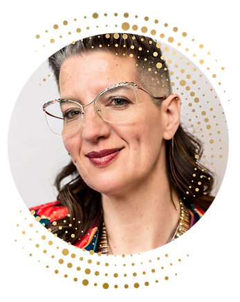 Portrait of Chavisa, trauma-informed divorce coach, coparenting coach, chronic health coach, life transitions coach, and empowerment coach in Vancouver, Canada with gold dots