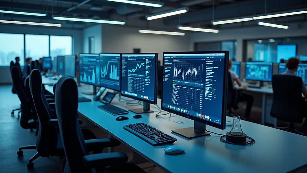 High angle view of a modern office workspace with multiple screens showing data analytics