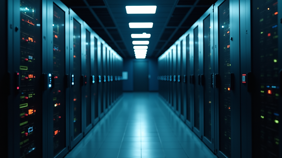 Eye-level view of a server room with blinking lights