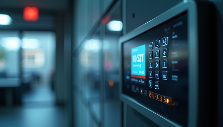 Eye-level view of a modern security control panel with digital interface