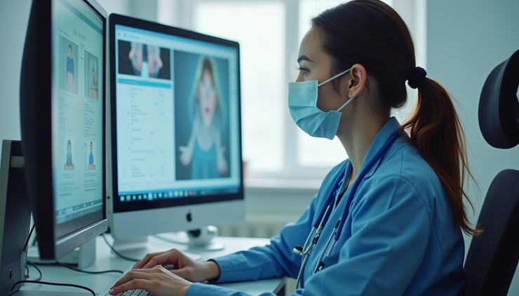 Eye-level view of a healthcare professional reviewing patient records on a computer screen