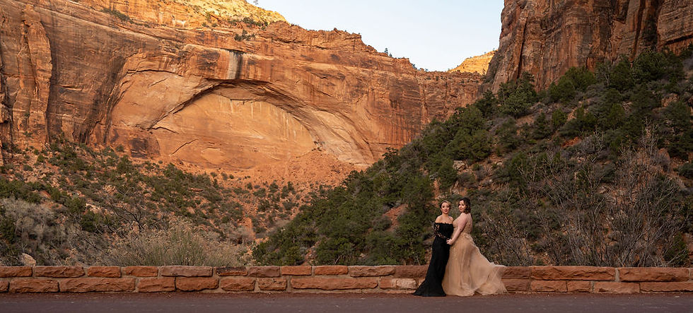 Couple posing for wedding portraits in zion national park