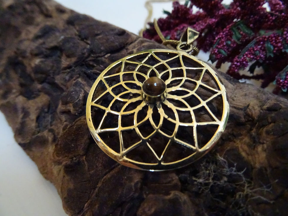 Thumbnail: Tigers Eye Stone In Brass Flower & Chain