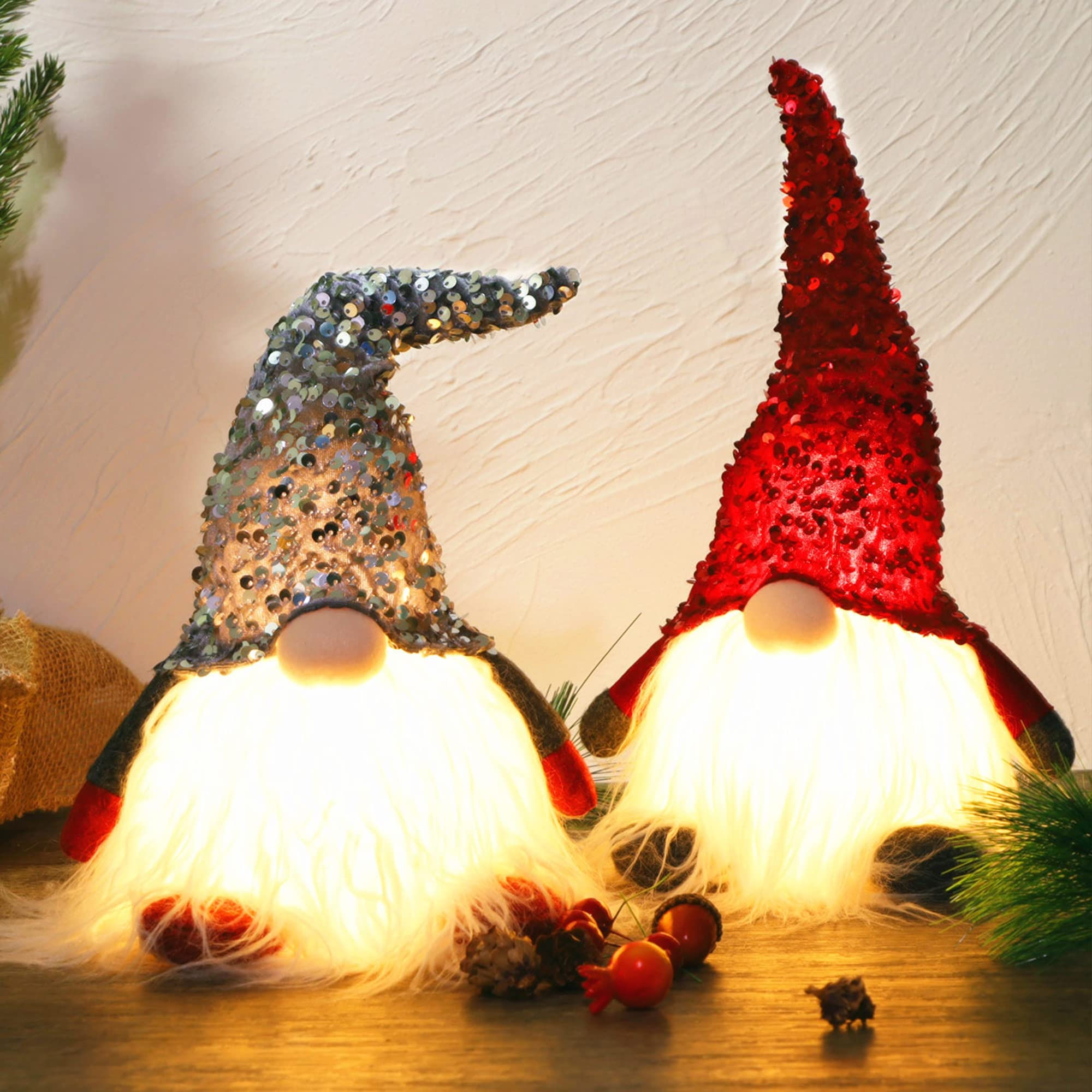 Juegoal 12" Lighted Christmas Gnome, Handmade Sequins Hat Scandinavian Swedis...