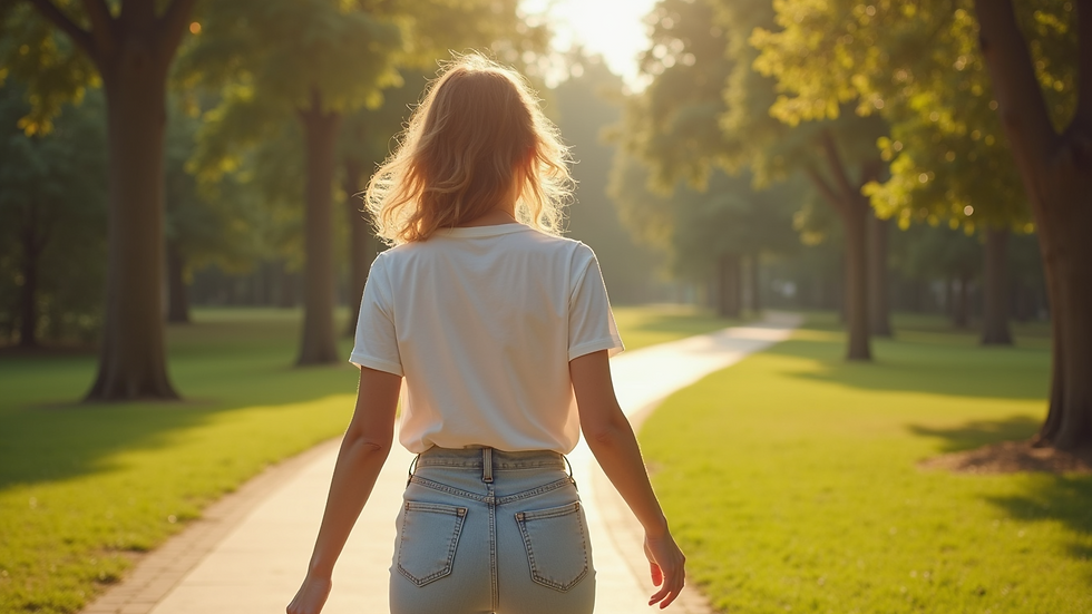 High angle view of a woman walking confidently on a sunny path