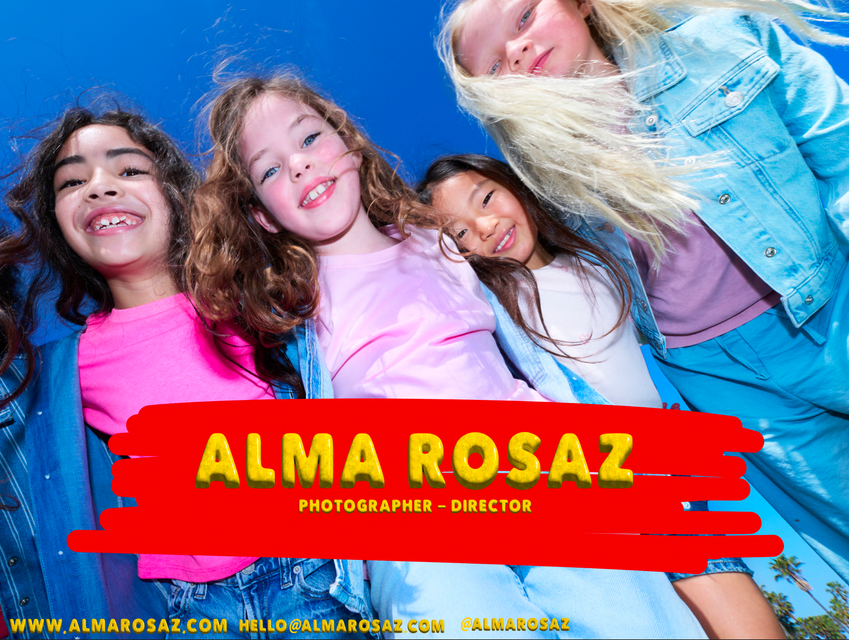 Cover page for kids photographer Alma Rosaz's kids portfolio featuring kids model represented by LA Models Junior, photographed in Los Angeles, California, USA