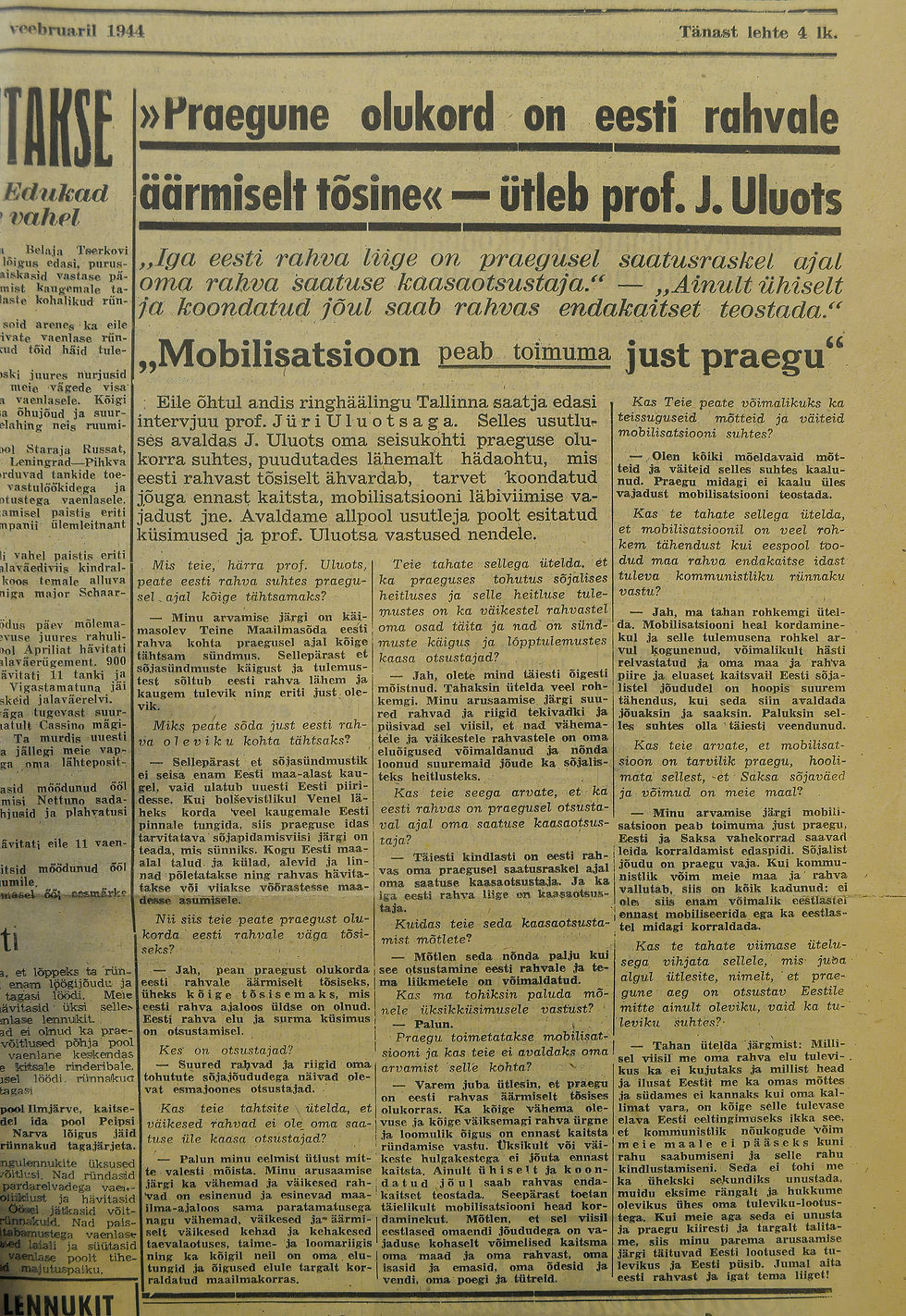 Print transcript of Prime Minister Jüri Uluots' first radio address, calling Estonians to follow the general mobilization decree, Eesti Sõna, 7th February, 1944.