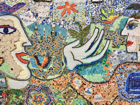 mosaic of colorful tiles depicting two faces talking and gesturing to each other with castle background