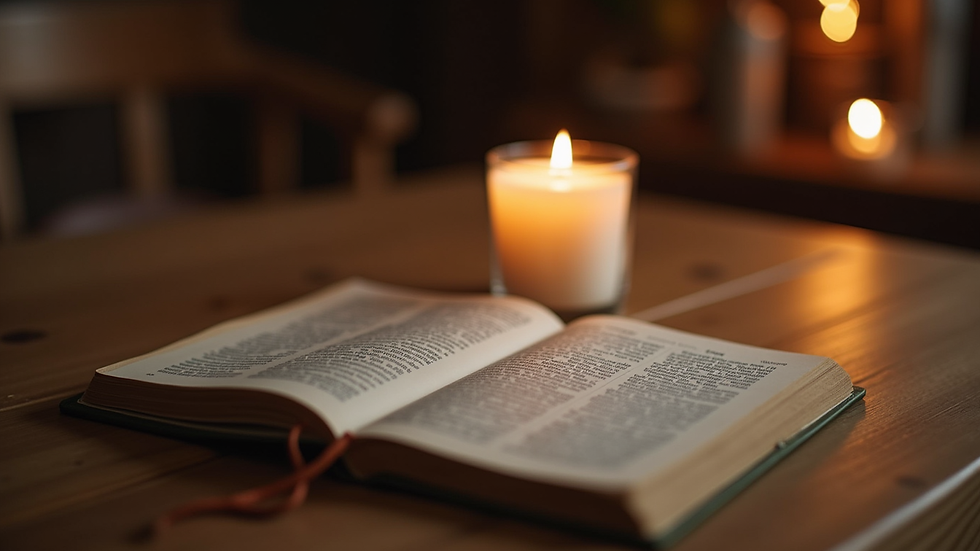 Close-up view of a candle and journal on a wooden table, creating a warm atmosphere