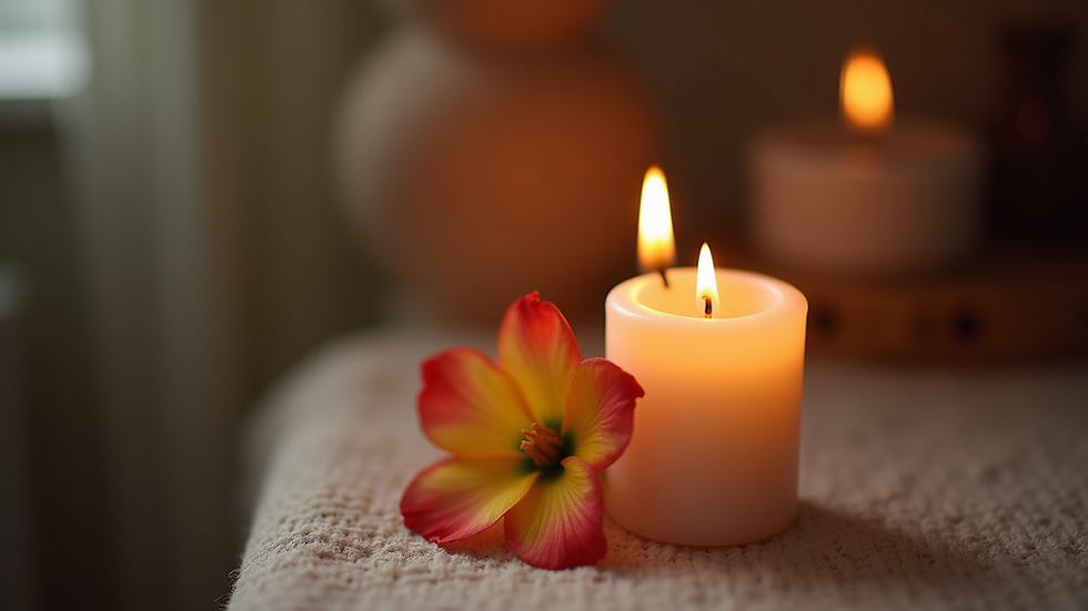 Close-up of a small home altar with a lit candle and a flower