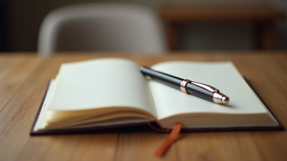 Eye-level view of a cozy journal and pen on a wooden table