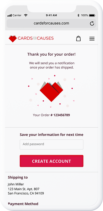 The Cards for Causes checkout confirmation user interface design.