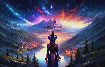 magical woman sorcerer overlooking vast fantasy magical landscape of mountains, lake, fore