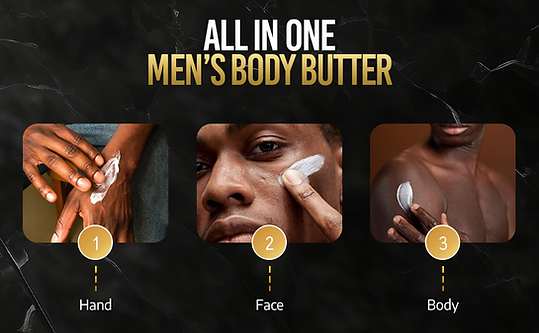 Black men applying KXNG Cosmetics body butter to their hand, face, and body