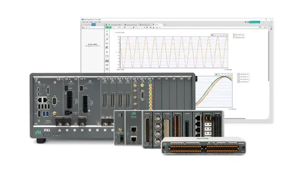 LabVIEW screen, PXI chassis full of modules, cRIO, and mioDAQ