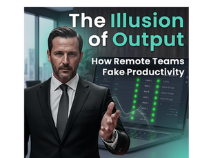 Executive gesturing beside a laptop displaying active status indicators, with text reading "The Illusion of Output: How Remote Teams Fake Productivity."