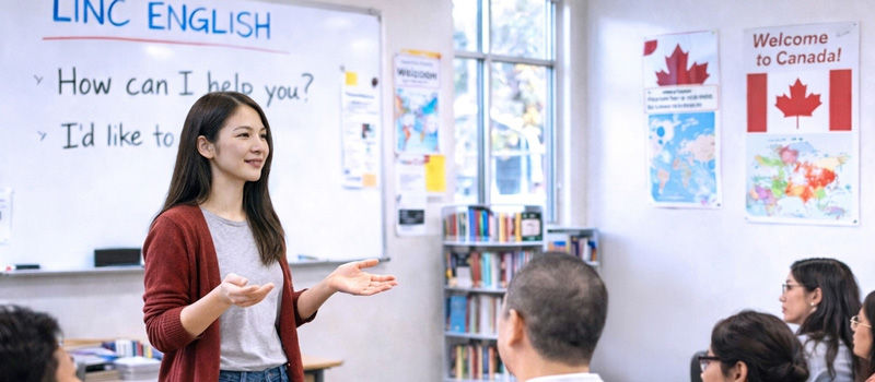 Adult newcomers learning English in a LINC classroom at a S.U.C.C.E.S.S. centre