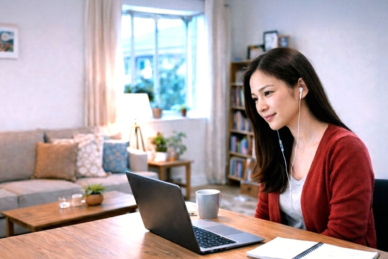 Adult newcomer learning English online from home using a laptop